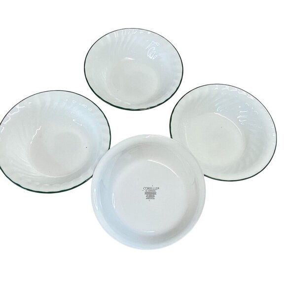 Set Of 4 Corelle White Swirl Rimmed Soup Bowls With Green Trim 6.25" Diameter Du - Picture 2 of 6